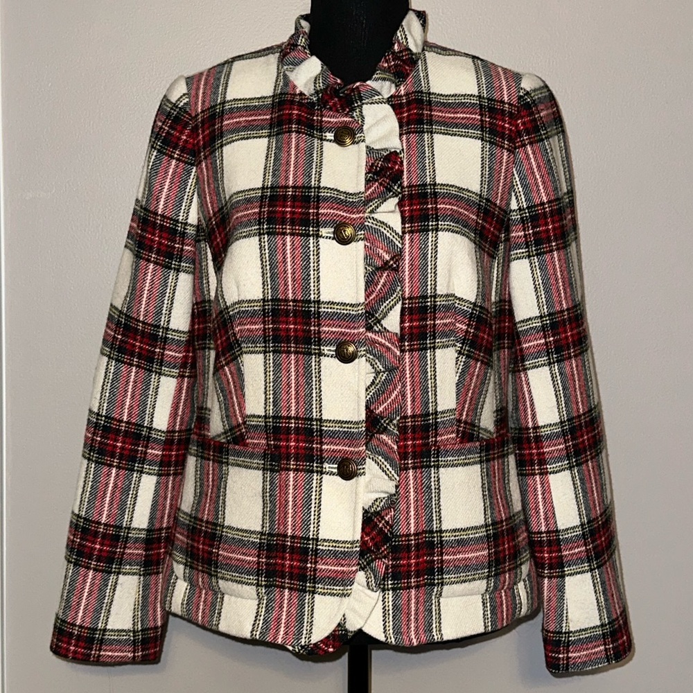 Talbot’s Petite Tartan Plaid Ruffle-Trim Blazer Jacket
